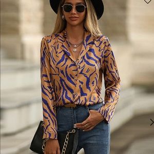 Camel and violet (bluish/purple) animal/tiger print satin blouse
